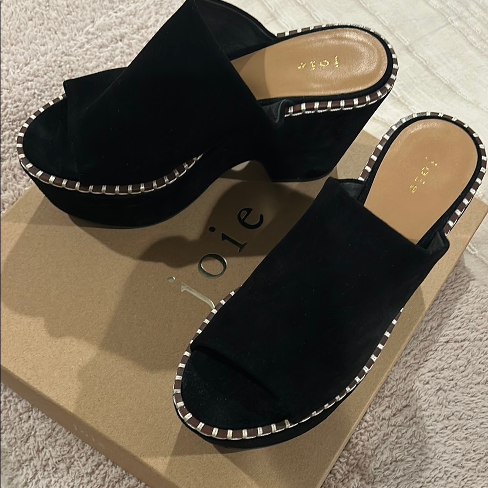 Joie Black Mules with Textured Upper and Decorative Trim